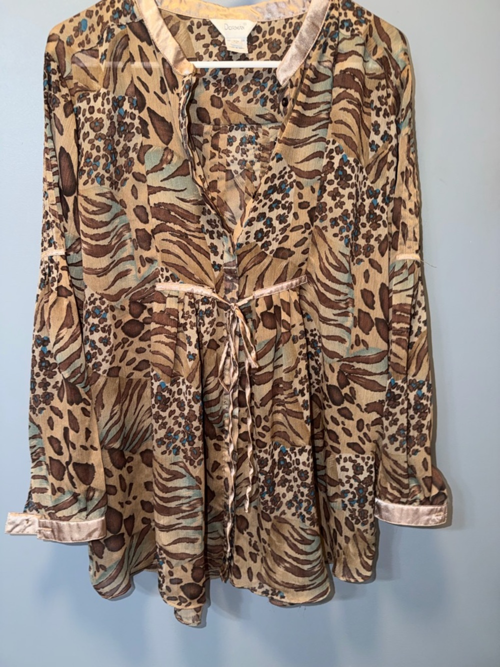 Vintage Dorman Women's Animal Print Tie-Waist Sheer Tunic Top in Tan and Brown